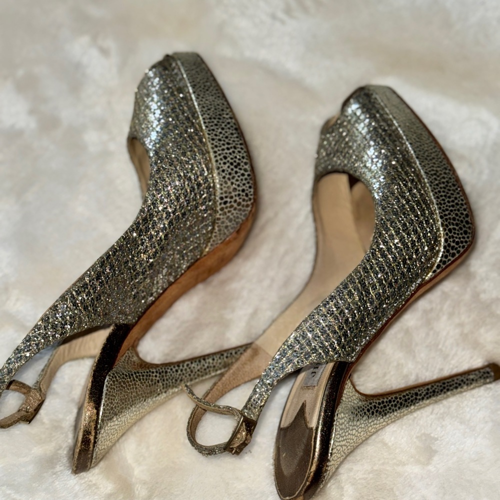 Jimmy Choo Gold Heels Peep Toe Elegance